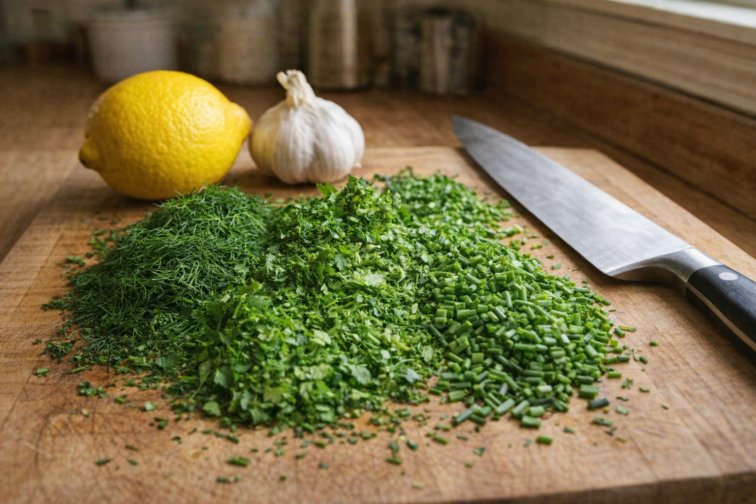 A close-up shot of finely chopped fresh herbs (dill, parsley, chives) on a wooden cutting board, alongside a lemon, a bulb of garlic, and a sharp chef's knife, bright overhead lighting